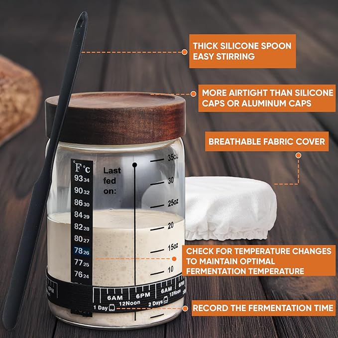 77L 2 Pack Sourdough Starter Jar, 35 oz Sourdough Starter Kit with Date Marker Feeding Band, Thermometer, Food-Grade Scraper, Cloth Cover and Acacia Wood Lid, Sourdough Bread Baking Supplies