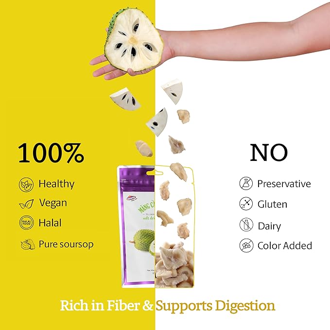 Vinamit Soft Dried Soursop | Soursop Fruit 3.5 oz bag | Natural Tropical Fruit Snack | Vegan, Gluten-Free, Non-GMO | High in Fiber, Ideal for Travel & Clean Eating