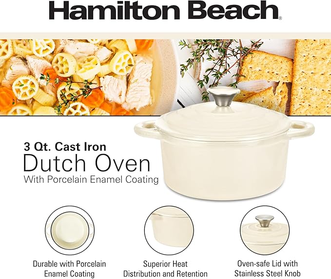 Hamilton Beach 3-Quart Enameled Cast Iron Dutch Oven Pot with Lid, Cream