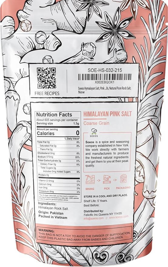 Soeos Himalayan Pink Salt, Coarse Grain, 2 Pound (32 Oz), Pink Himalayan Sea Salt, Himalayan Salt Coarse Salt, Pink Salt for Grinder Refill, Kosher & Natural Certified, Healthy