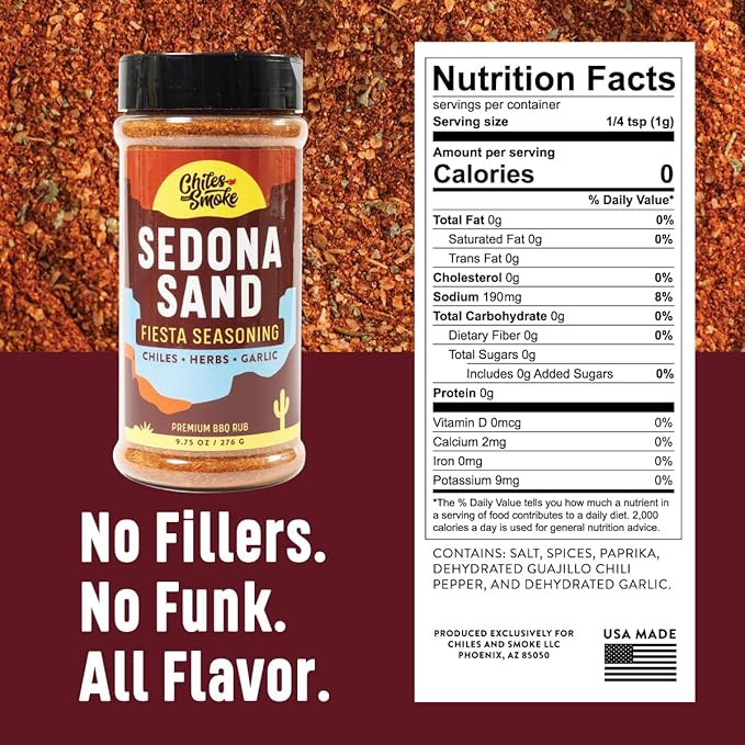 Chiles and Smoke - Sedona Sand Fiesta Seasoning for Chicken Thighs, Meats, Seafood & More, Medium Hot Taco Seasoning with Spices, Sugar-Free Cooking Grilling Gifts, No Dairy, Gluten & MSG, 264 g