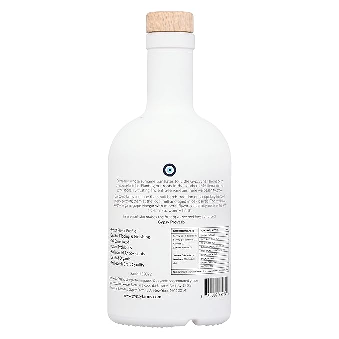 Organic Balsamic Vinegar from Little Gypsy Farms | First Cold-Pressed and Oak Barrel Aged | Notes of Fig with Strawberry Finish | Single Family Farms in Greece (350ml)