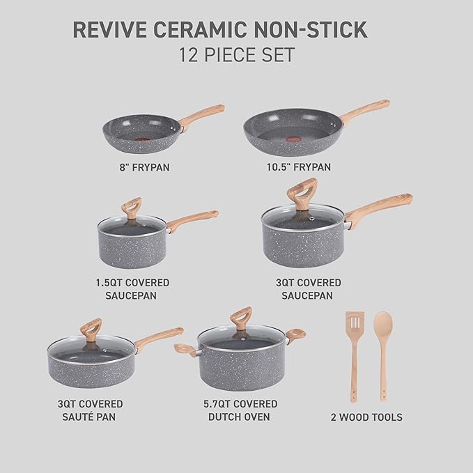 T-fal Revive Ceramic Cookware Sets, Pots and Pans Set Nonstick, (12 pieces), Ceramic Non stick Coated, Frying Pan, Oven Safe Up To 350ยฐF, Grey Granite