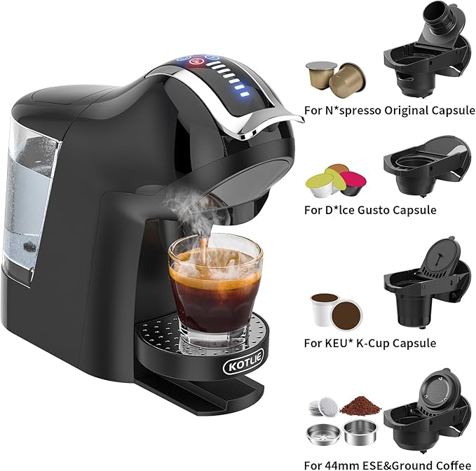 KOTLIE Espresso 5in1 Single Serve Coffee Maker, 19Bar Cappuccino&Latte Maker, Cold&Hot Brewing Coffee Machine for K*cup/NES*presso Original/D*olce G*usto/Ground Coffee/44mm ESE(Black)