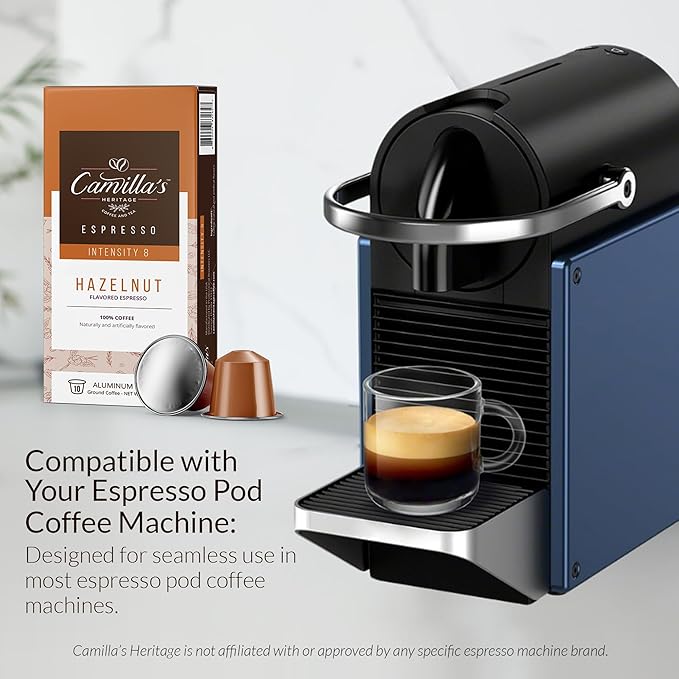 Camilla’s Heritage - Intensity 8 Hazelnut Flavored Espresso Coffee, Gourmet Espresso Cups, 60 Coffee Pods