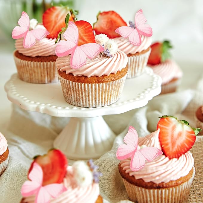 60PCS Wafer Paper Butterflies Cupcake Toppers, Pink Edible Butterflies for Cake Decorating, Edible Cupcake Decorations for Birthday Cake Decorations Anniversary Wedding Baby Shower