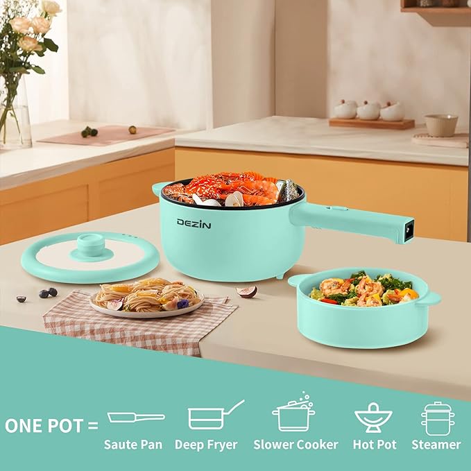 Dezin Electric Cooker, 2L Non-Stick Saut챕 Pan, Rapid Noodles Cooker, Mini Pot for Steak, Egg, Fried Rice, Ramen, Oatmeal, Soup with Power Adjustment, College Dorm Room Essential
