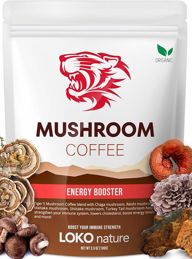 Tiger Organic 5 Mushroom Instant Coffee β 30 Servings with 100% Arabica | Immune System Booster, Reishi, Maitake, Shiitake, Chaga & Turkey Tail Mushrooms | Gluten & Dairy Free, Vegan - Natural Energy