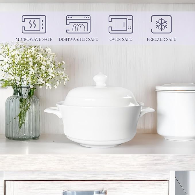 Casserole dish with Lid and soup spoon, Ceramic Serving Soup Tureen, 1.8 QT White French Serving Tureen, Lovely Soup Pot for Pasta Noodles Stew, Casserole Cookware Microwave Dishwasher Safe