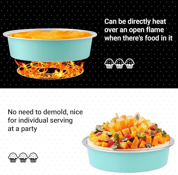 Beasea 4 Inch Aluminum Ramekins, 100 Pack 7.3oz 215ml Mini Disposable Baking Foil Cups No Lids Ramekin Cup Cupcake Aluminum Baking Cups for Party - Lake Blue