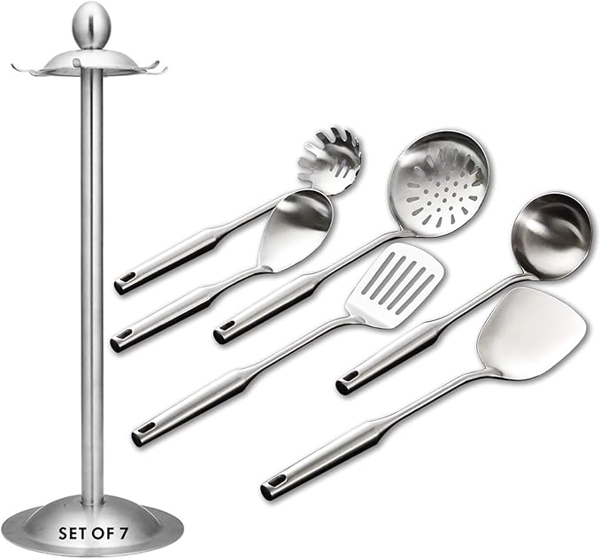 Kitchen Utensil Set ??6 Piece Stainless Steel Cooking Utensils with Rotating Holder Organizer Includes Slotted Spoon, Slotted Spatula, Large Spoon, Soup Ladle, Spatula, Pasta Server Silver/7PCS