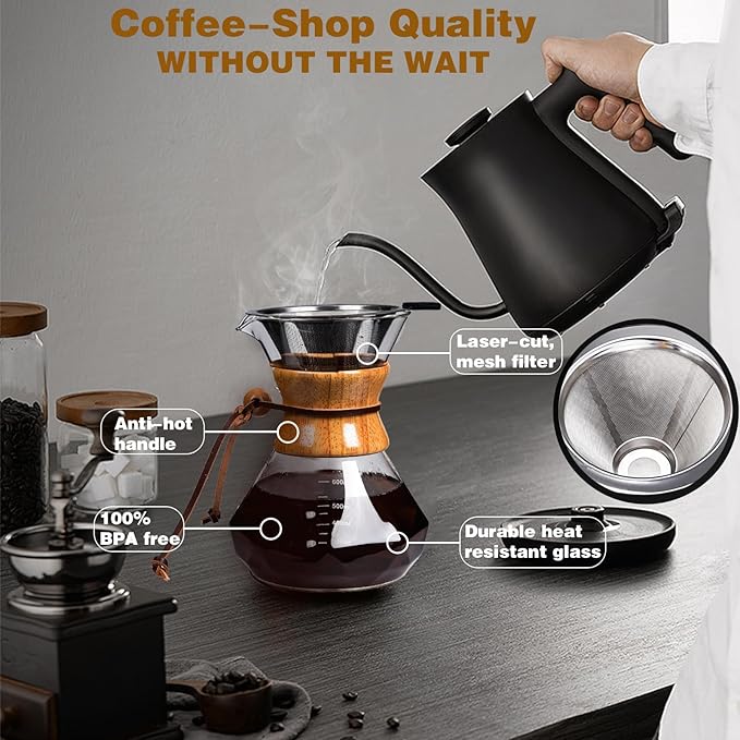 Pour Over Coffee Maker with Reusable Stainless Steel Drip Filter, Lead-Free Borosilicate Glass Coffee Carafe with Modern Wooden Collar for 1-4Cup, Diamond Clear (600ml/20oz)