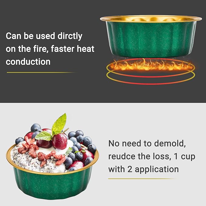 Beasea Disposable Ramekins with Lids, 8oz 50 Pack Aluminum Cups for Baking Jade Green, Aluminum Foil Cups Creme Brulee Muffin Cupcake Baking Cup Mini Pudding Cups for Party Wedding Birthday