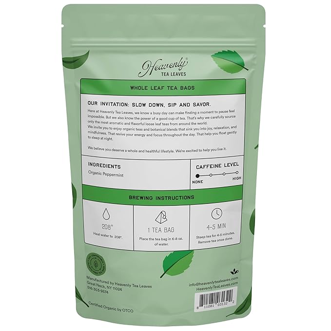 Heavenly Tea Leaves Organic Peppermint (50 Pyramid Tea Bags), Bulk Compostable Herbal Tea Sachets - 100% Plastic Free, Premium Quality, Whole Tea Leaves in a Convenient Tea Bag