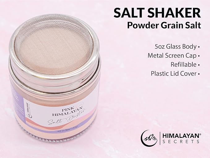 Himalayan Secrets Natural Pink Popcorn Salt Duster in Refillable Screen Shaker - 5 oz Healthy Unrefined Powder Salt Packed with Minerals - Kosher Certified