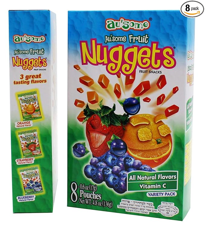 Fruit Juice Nuggets Gift Box Snack - 0.6 ounces, 3 Boxes of 8 pack - Kosher All Natural Flavors Vitamin C - By Au'Some