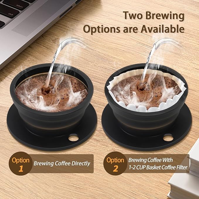 2 Pieces Paperless Travel Pour Over Coffee Maker with Stainless Steel Coffee Filter - Camping Pour Over Coffee Maker Set - Collapsible Travel Pour over Coffee Dripper Kit Single Cup (Black+Blue)