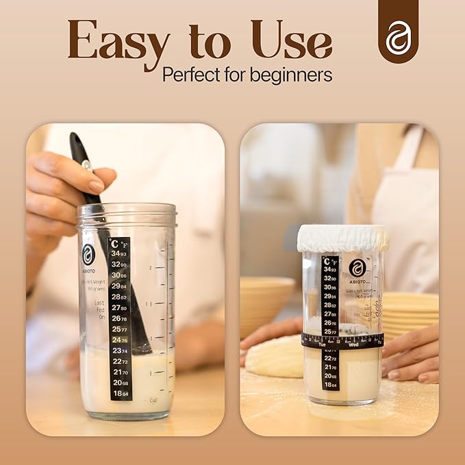 Sourdough Jar Kit, Includes 34 oz Sourdough Starter Jar with Metallic Lid, Silicone Spatula, Feeding Tracker, Extra Thermometer Strips & Breathable Covers ??Sourdough Bread Starter Kit