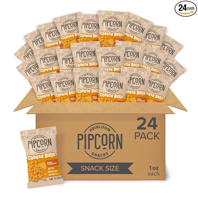 Heirloom Cheddar Cheese Balls by Pipcorn - Cheddar 1oz 24pk - Healthy Snacks, Gluten Free Snacks, Snack Packs, Heirloom Corn, Baked not Fried, Individually Wrapped