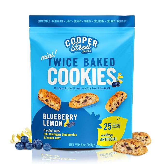 Cooper Street Twice Baked Lemon Blueberry Biscotti Cookies - Light and Crispy Coffee Cookie Bites - Traditional Low Calorie Italian Snacks for Adults & Kids - Kosher, Dairy, Peanut & Soy Free - 5oz