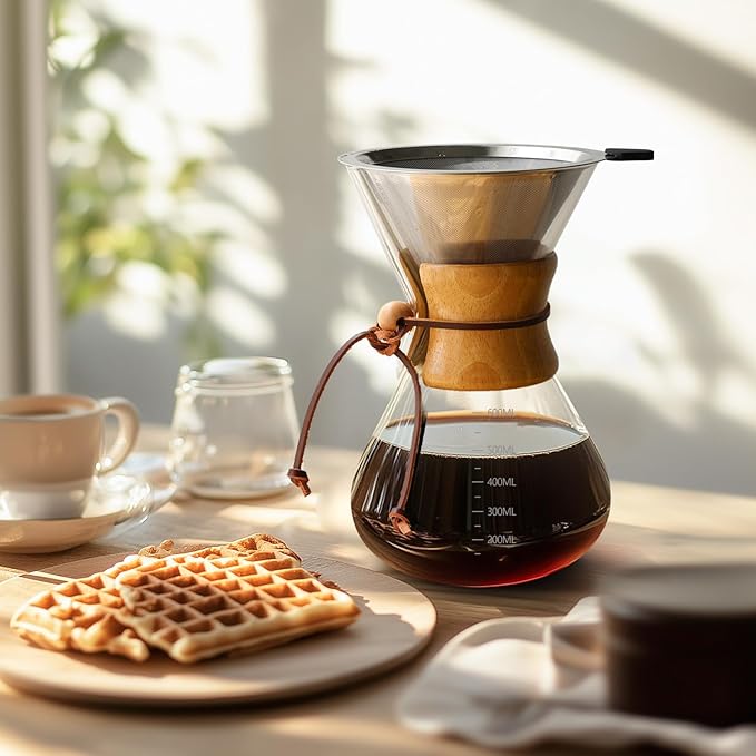 Pour Over Coffee Maker 20 OZ, 6 Cup Borosilicate Glass Drip Coffee Maker with Reusable Stainless Steel Filter and Cork Grip for Home Caf챕 600 ML