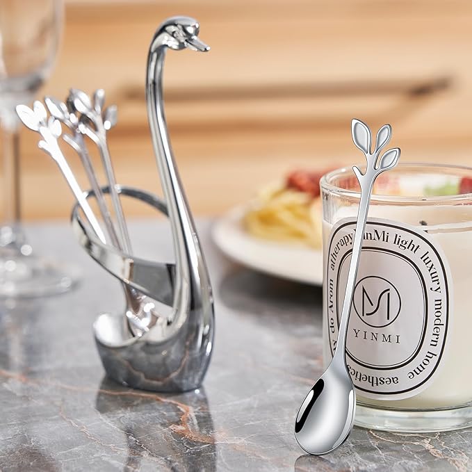 AnSaw Silver Small Coffee Spoon Holder Set,Swan Base With 10 Pcs Demitasse Espresso Spoons Set,4.7" Mini Leaf Dessert Spoon,Stainless Steel Tea Spoons