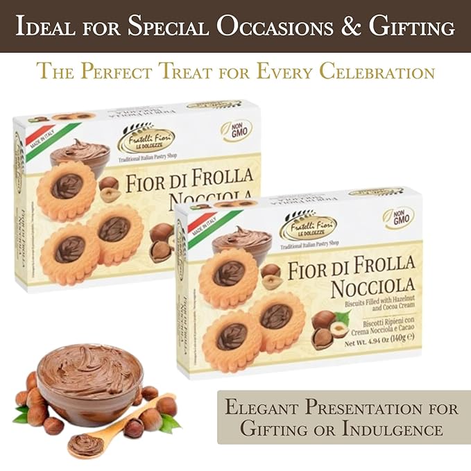 Fratelli Fiori Fior Di Frolla Hazelnut Cookies - Italian Biscotti Cookies Filled with Rich Hazelnut Cream - Healthy Cookies with Buttery Texture Ideal for Coffee Pairing, Dessert & Gifting - 2 Pack