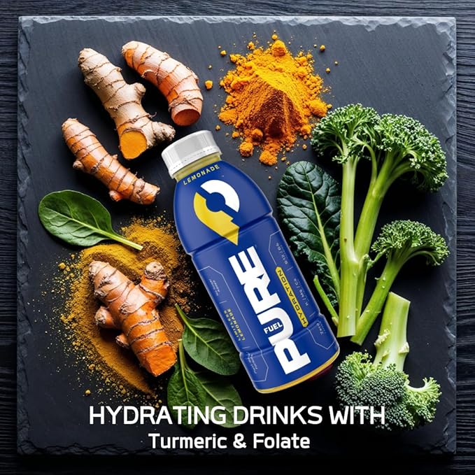 Pure Fuel Hydration Drinks Limitless Lemonade - Plant-Based Healthy Electrolyte Drinks with B-Vitamins - No Added Sugar - 12 Pack x 16.9 fl oz Bottles