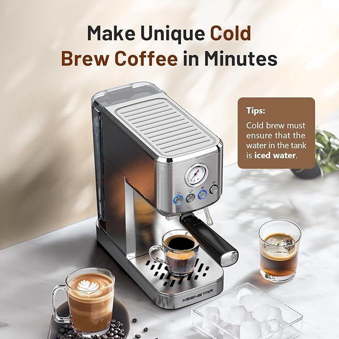 Espresso Machine 20 Bar, Cold Brew Espresso Maker with Milk Frother Steam Wand, Compact Stainless Steel Semi Automatic Espresso Coffee Machine for Cappuccino & Latte & Americano Maker