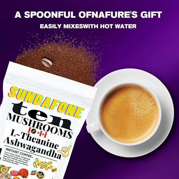 SUNDAFONE Mushroom Coffee with L-Theanine, Ashwagandha, Lion's Mane, Reishi for Focus, Immunity, Memory, Clarity, 12 Adaptogenic Instant Coffee