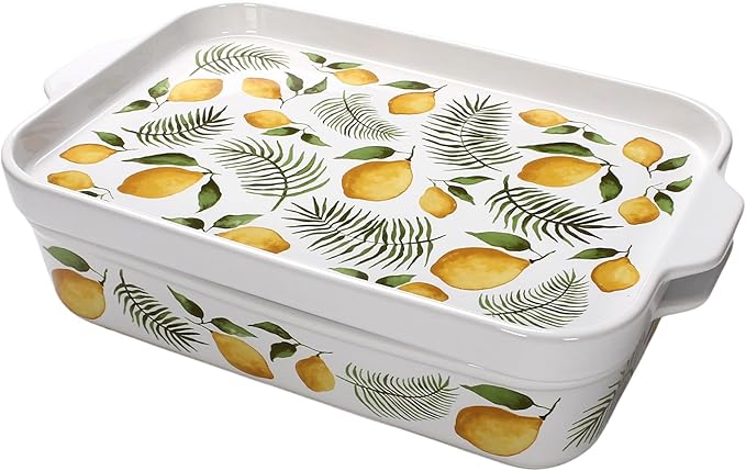 Temp-tations by Tara Baking Pans Set - 9x13" Set of 2 Lemons and Palm Bakeware Sets with Casserole Dish for Oven and Serving Dish for Lasagna, Pies, Meatloaf, Hand-Painted Ceramic Casserole Oven Pan