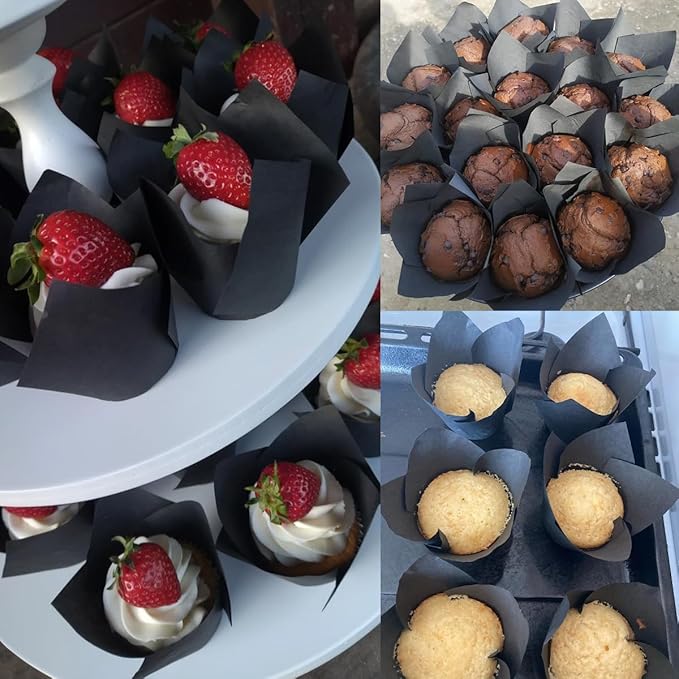 150 Pieces Tulip Cupcake Muffin Liners Paper Baking Cups Greaseproof Cupcake Wrappers for Birthday Wedding Party Baby Showers Catering Restaurants(Black)