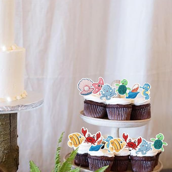 Rsstarxi 56 Pack Edible Ocean Animal Cupcake Toppers Sea Ocean Theme Birthday Cake Decorations Turtles Octopus Seahorse Cupcake Picks for Under the Sea Theme Baby Shower Birthday Party Decorations