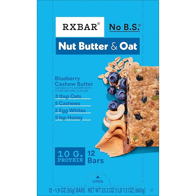 RXBAR Nut Butter and Oat Protein Bars, Protein Snacks, Snack Bars, Blueberry Cashew Butter, 23.2oz Box (12 Bars)