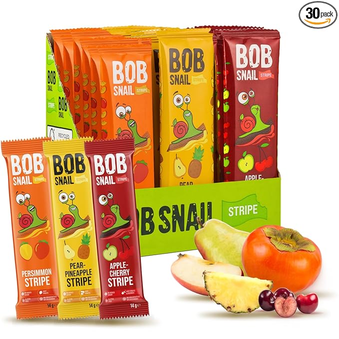 BOB SNAIL Healthy Organic Fruit Snacks for Kids and Adults ??30 Organic Fruit Leather Snacks with Persimmon, Pear-Pineapple,Cherry ??Vegan Low-Carb Variety Pack Strips for Kids ??Sugar Free Jerky Bars