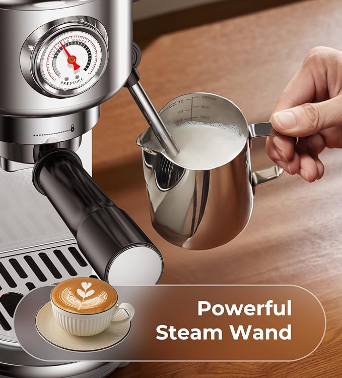 Espresso Machine with Milk Frother, 20 Bar High Pressure Professional Espresso Maker Automatic, Compact Stainless Steel Coffee Machine for Cappuccino, Latte, Gift for Coffee Lover, Silver