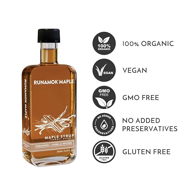 Runamok Maple Cinnamon-Vanilla Infused Maple Syrup - Authentic & Real Vermont Maple Syrup | Gluten Free & Natural Sweetener | Breakfast, Coffee, Pancakes Maple Syrup | 8.45 Fl Oz (250mL)