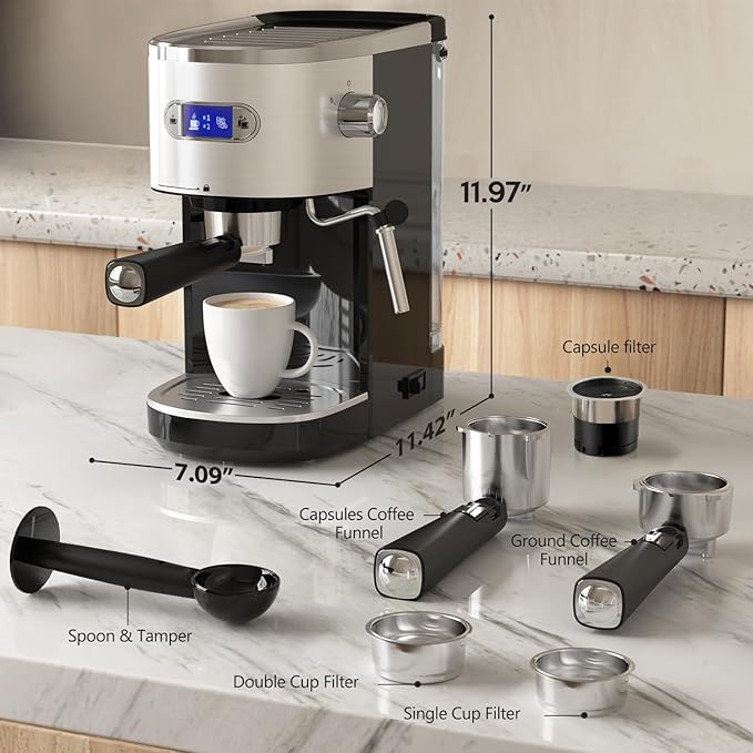 20 Bar Espresso Machine Semi-Automatic, Professional Coffee Maker with Milk Frother Steam Wand & 45OZ Removable Water Tank, Home Barista System for Cappuccino, Latte, Americano-Stainless Steel