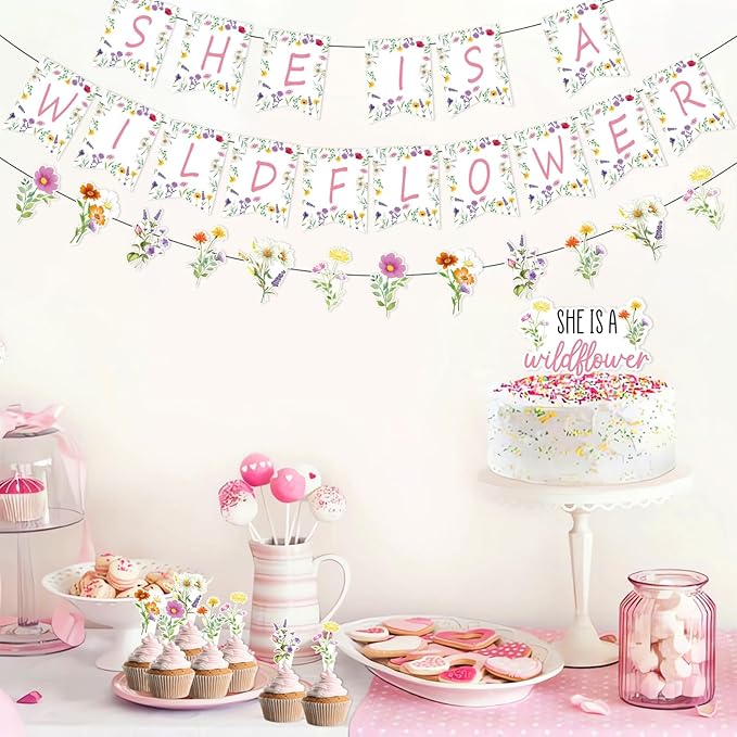 48 Pcs Wildflower Party Cupcake Toppers for Floral Birthday Baby Shower Party Decorations