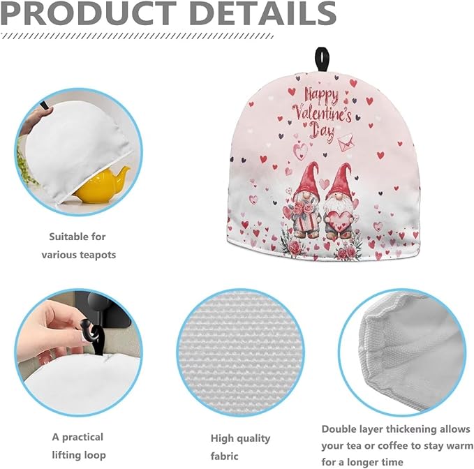 Hudotybom Valentine Style Tea Cozy for Teapot - Insulated Large Cover to Keep Warm - Machine Washable Coffee Pot Cloth Cover - Valentine's Day Decorations