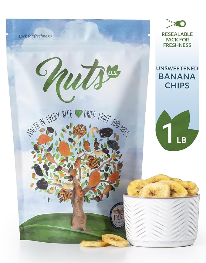 NUTS U.S. - Unsweetened Banana Chips | No Sulphure, Added & No Artificial Colors | NON-GMO | Natural | Packed in a Resealable Bag!!! (1 LB)