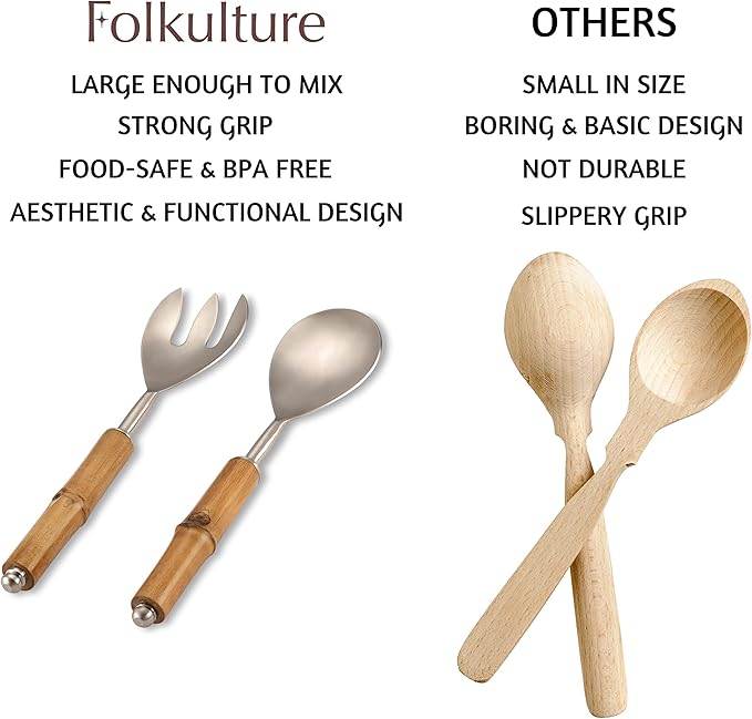 Folkulture Serving Utensils for Modern Cooking, Stainless Steel Salad Servers or Tongs, 12 Inch Tosser, Spoon and Fork Set With Bamboo Handle, Silver