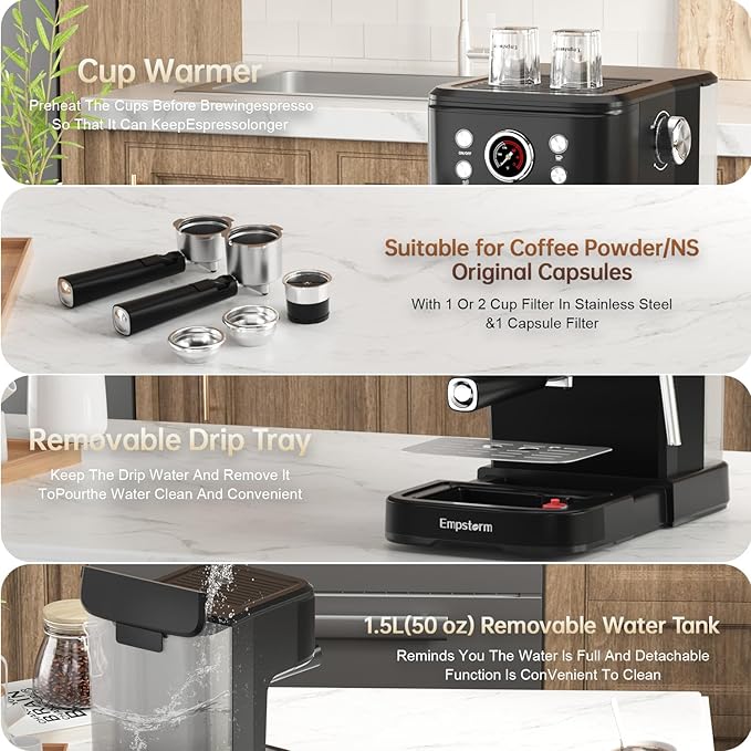 Black Espresso Machine with Milk Frother, Cappuccino Machines for Home, Coffee Espresso Machine Suitable for Coffee Powder/NS Original Capsules, Espresso Maker with Thermometer