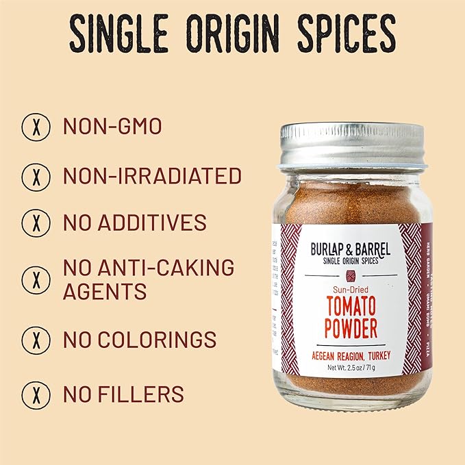 Burlap & Barrel Sun-Dried Tomato Powder - Add Deep Umami & Savory Tanginess to Dishes - for Popcorn, Fried Chicken, Sauces & Salads - As seen on Shark Tank - 2.5oz Glass Jar