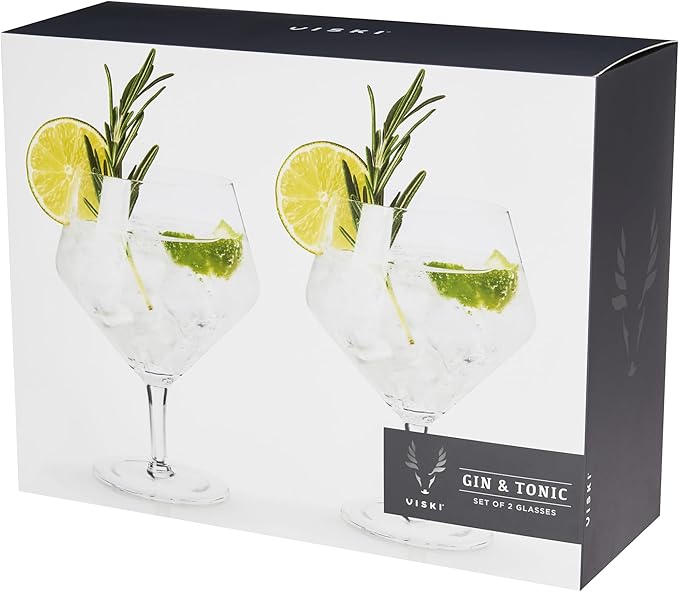 Viski Raye Angled Stemmed Gin and Tonic Glasses Set of 2 - Premium Crystal Clear Cocktail Gin Glasses for Gin Lovers Gift Set - 14oz