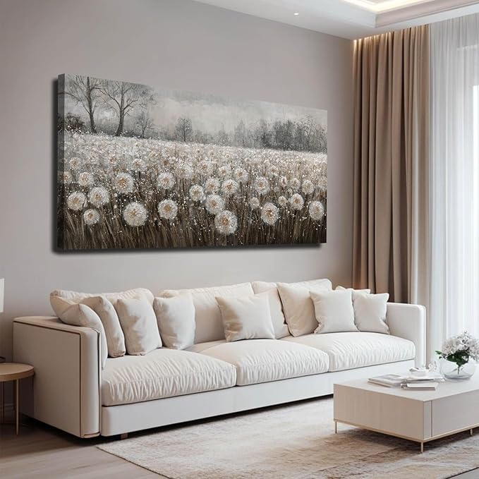 White Flowers Wall Art for Living Room Framed Wall Decor Dandelion Wall Art Artwork Canvas Paintings for Home Office 29"x58??,<div>