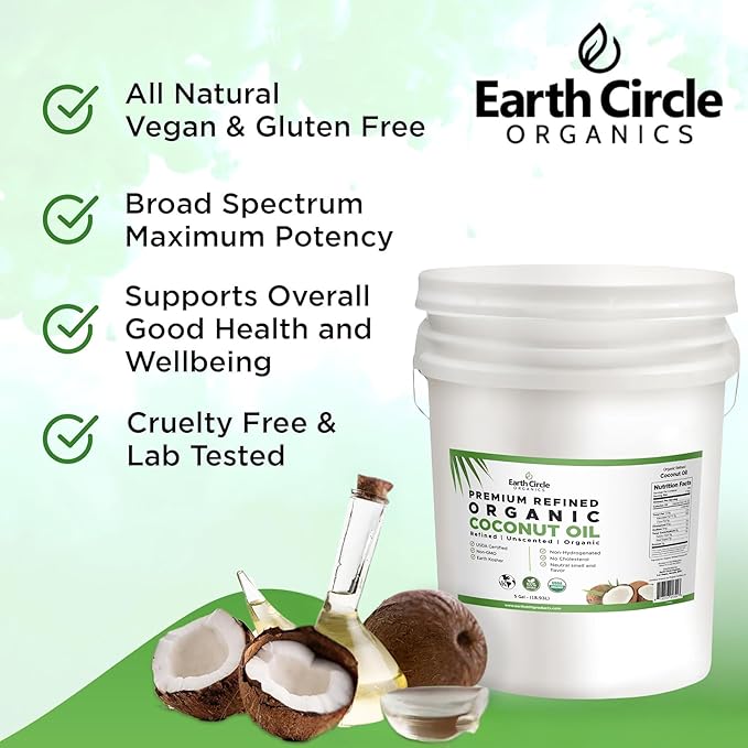 Earth Circle Organics Refined Coconut Oil - Ultra Premium Steam Refined, Keto & Paleo Friendly, Zero Coconut taste or smell - For Skin & Hair Care, Cooking, Deep Frying, Baking & More - Bulk 5 Gallon