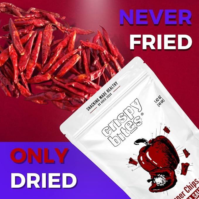Baked Bell Pepper Chips, No Oil Added, Vegetable Crisps, No Sugar Added, Gluten Free, Healthy Snack, Vegan, Salad Topper, Sea Salt, Dried California Peppers, 1.42oz Resealable Bags, Pack of 5