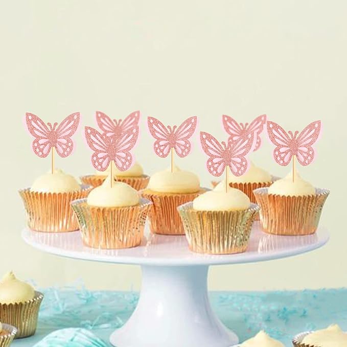 36PCS Butterfly Cupcake Toppers 3D Double Layers Hollow Cupcake Picks Baby Shower Cake Decorations Supplies for Butterfly Theme Wedding Anniversary Kids Birthday Party Light Pink