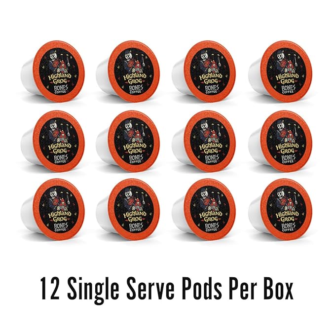Bones Coffee Company Flavored Coffee Bones Cups Highland Grog Butterscotch Caramel | 12ct Single-Serve Coffee Pods Compatible with Keurig 1.0 & 2.0 Keurig Coffee Maker